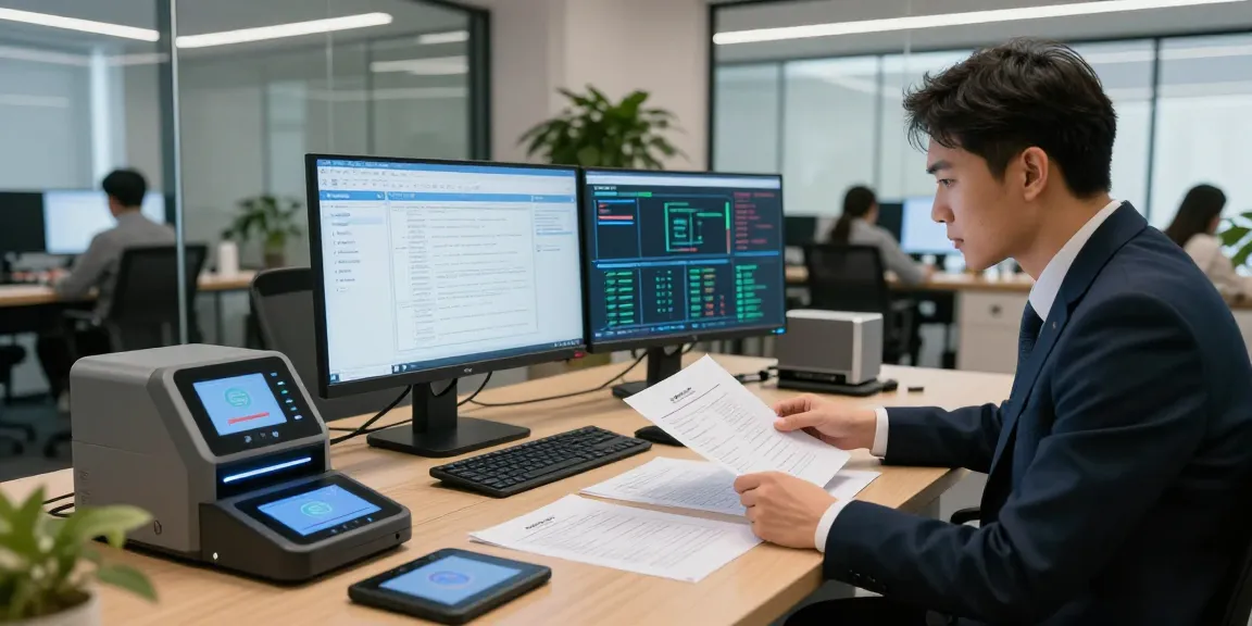 Cybersecurity expert verifying document fraud detection using advanced tools in a modern workspace.