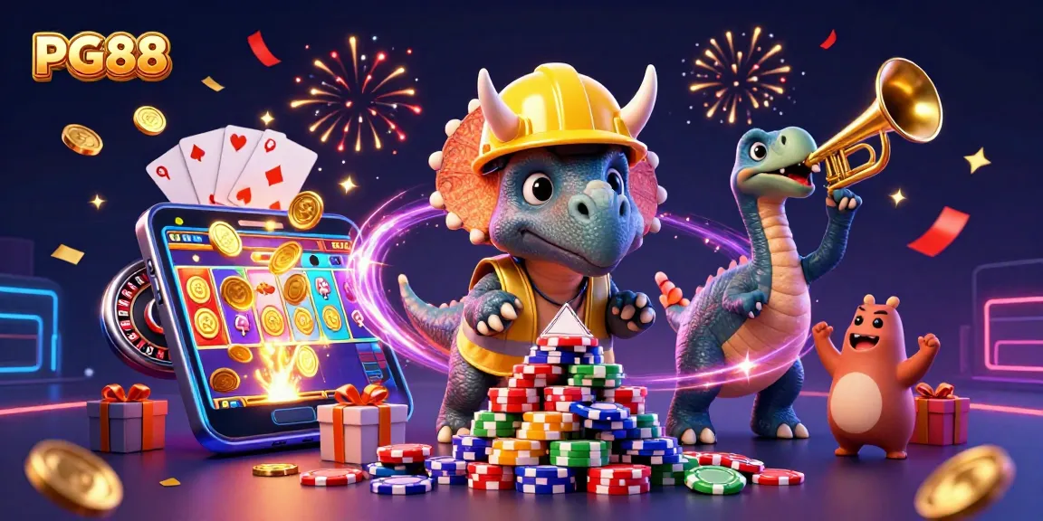 Engaging PG88 illustration showcases vibrant casino elements with characters celebrating gaming excitement.