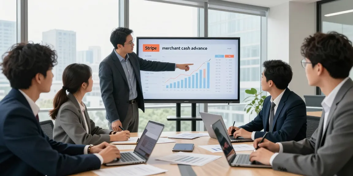 Business team analyzing Stripe merchant cash advance metrics in a modern office environment.