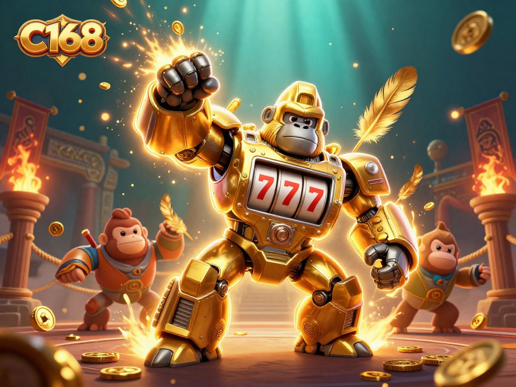Experience C168's gaming excitement with a dynamic 3D illustration of a roaring golden gorilla mech.