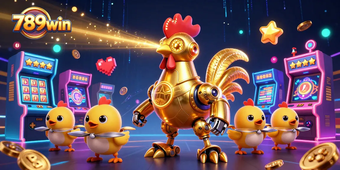 Experience excitement with 789win's vibrant casino gaming scene featuring a golden rooster robot.