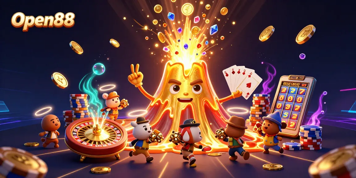 Open88 brings thrilling excitement with a golden volcano erupting treasure and animated gaming elements