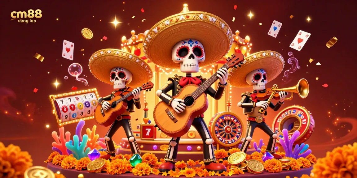 Engage with cm88 đăng nhập at a festive online casino, featuring vibrant mariachi characters and gaming elements.