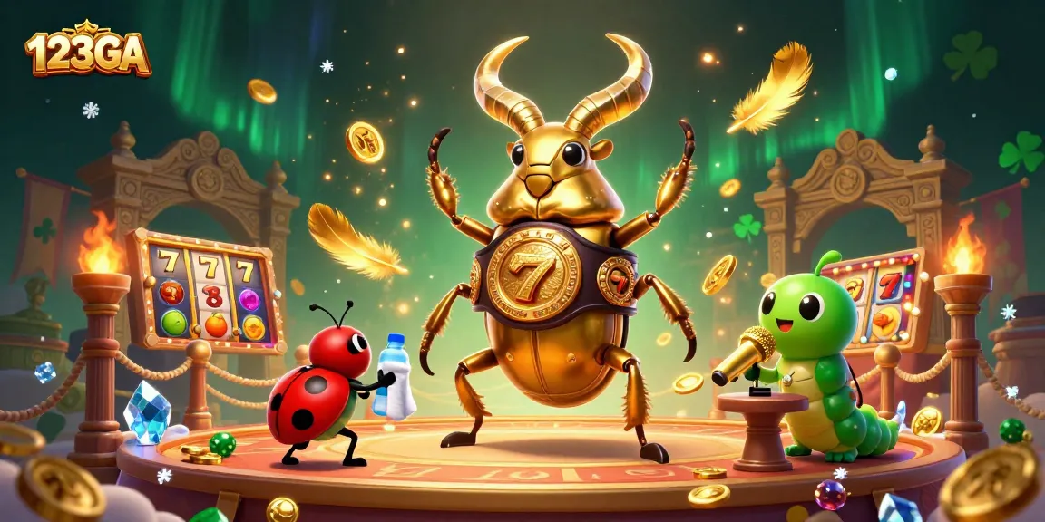 Engage in thrilling casino excitement with 123GA's giant beetle boxing champion surrounded by dynamic gaming elements.