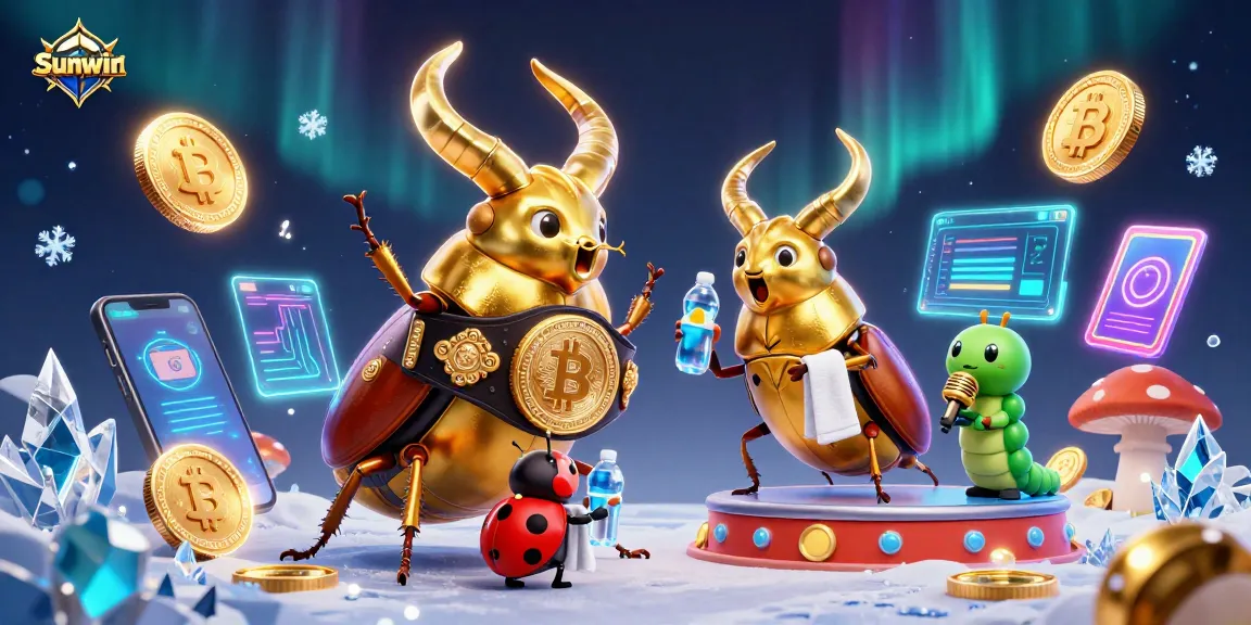 Experience the excitement of gaming with Sunwin's dynamic casino illustration featuring vibrant characters and crypto elements.