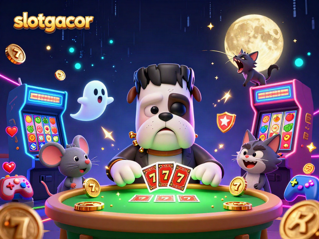 Engage in thrilling gameplay with slotgacor as a Frankenstein bulldog deals cards at a spooky casino table.