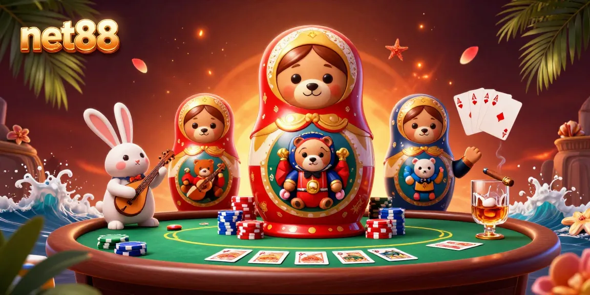 Engage with net88 through a colorful gambling world illustrated in a dynamic 3D scene.
