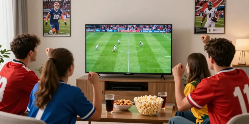 CakhiaTV viewers enjoying a live football match with friends in a vibrant home atmosphere.