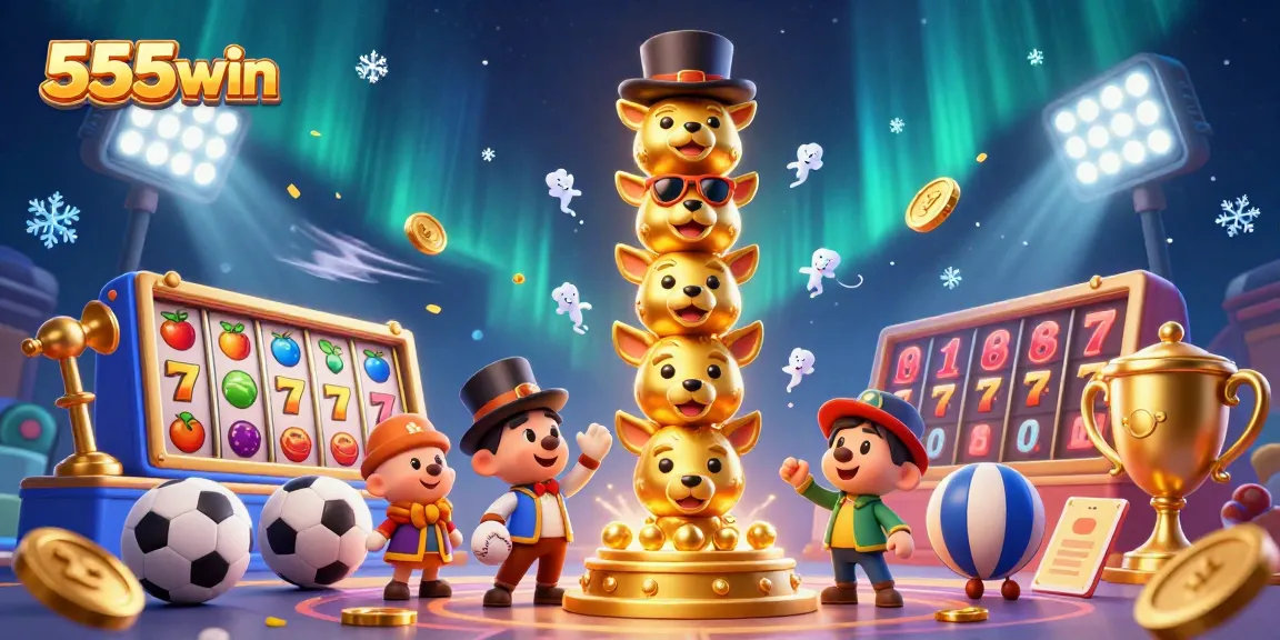 Join the excitement at 555win with vibrant slot machines, dynamic sports elements, and golden trophies!
