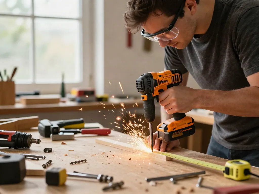 Artigiano che utilizza un avvitatore Dewalt per il legno in un laboratorio.