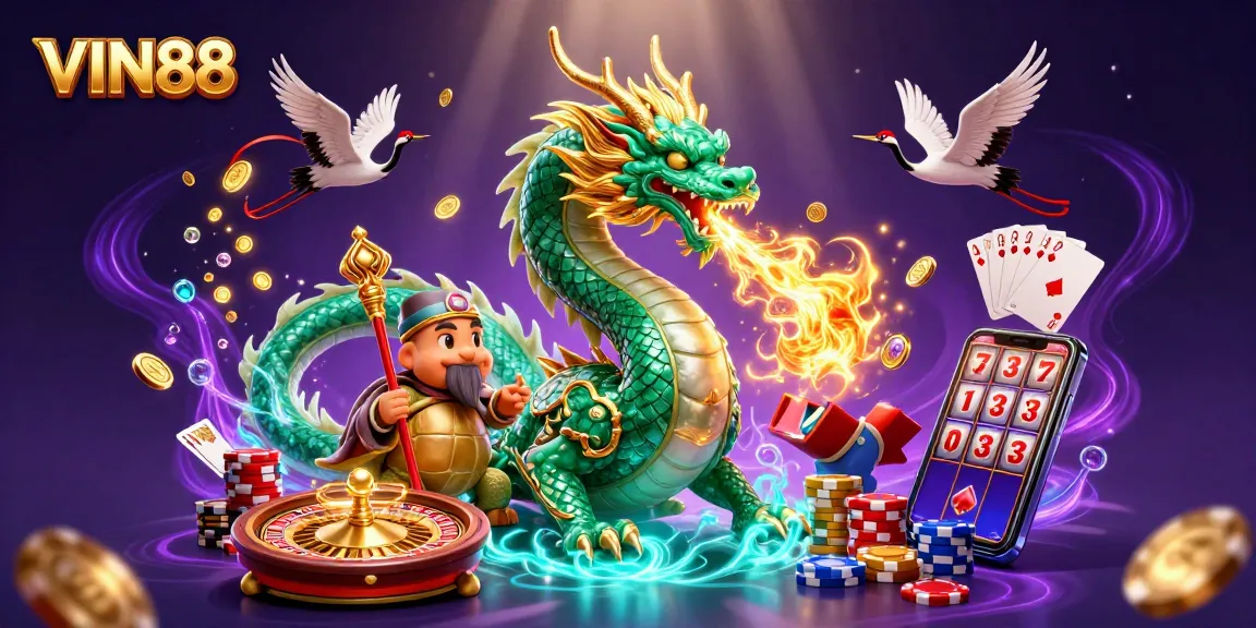 VIN88 casino illustration showcasing a jade dragon and turtle sage amid swirling coins and vibrant game elements.