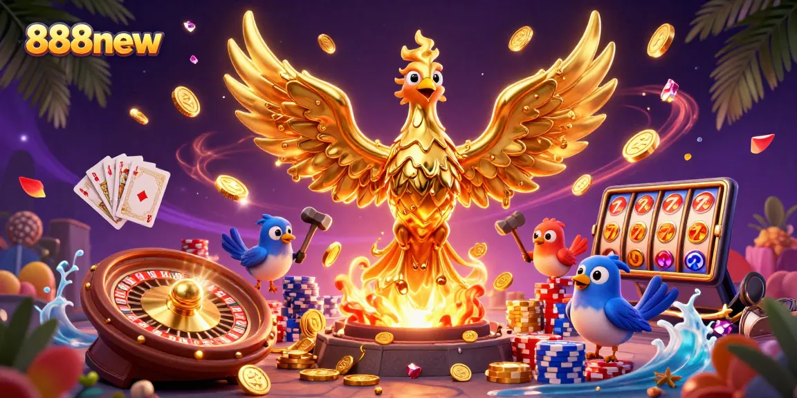 Engage in thrilling casino action with 888new's vibrant 3D golden phoenix scene showcasing winning elements.