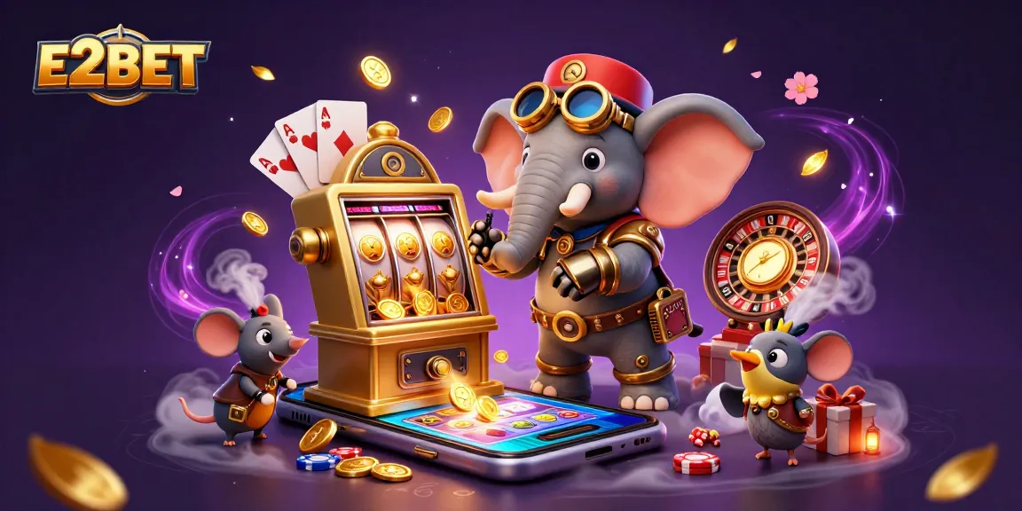 E2BET's vibrant casino experience illustrated with dynamic characters and rich game elements