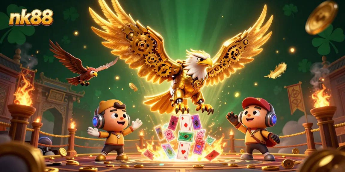 Experience thrilling gaming with nk88 as a golden eagle dives through holographic cards amidst dynamic casino elements.