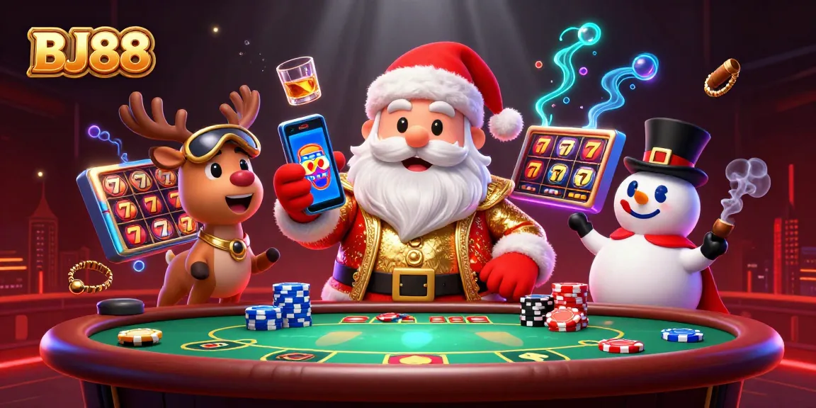 Experience excitement at BJ88 with Santa in a casino setting, showcasing poker, chips, and slots.