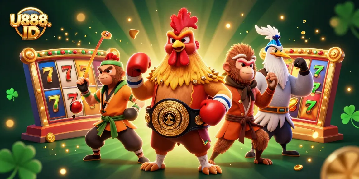 Experience the thrill of gaming with U888. ID as a dynamic casino scene showcases colorful 3D slot machines.