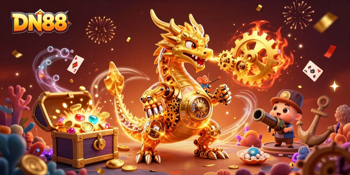 Engage with DN88's thrilling 3D fantasy casino scene featuring a dragon and gold treasures.