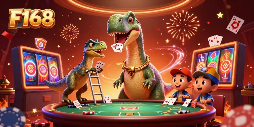F168 captivates players with vibrant poker action featuring a towering brontosaurus and lively gaming elements.