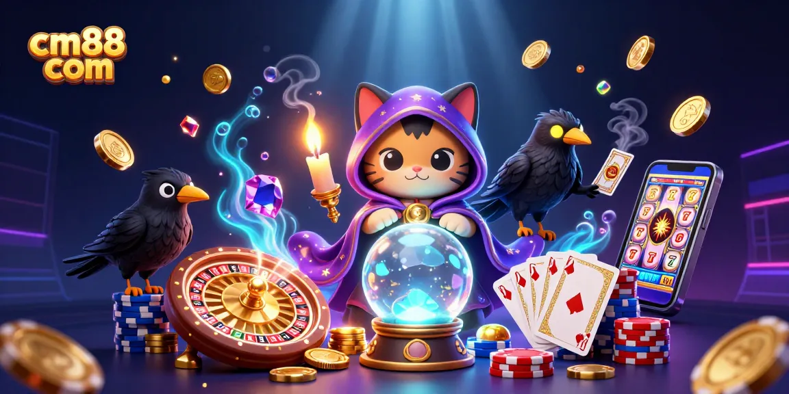 Engage in thrilling gameplay at cm88 com with vibrant casino elements like mystical characters and floating gems.