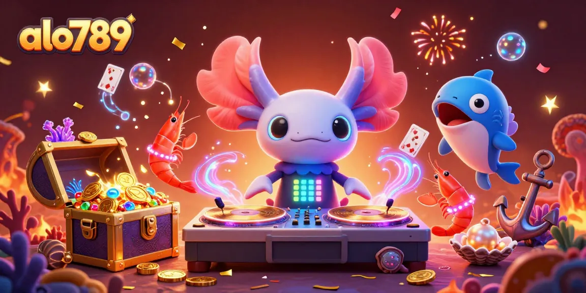 Spin to win at alo789 with the neon axolotl DJ and shrimp crew in an underwater casino!