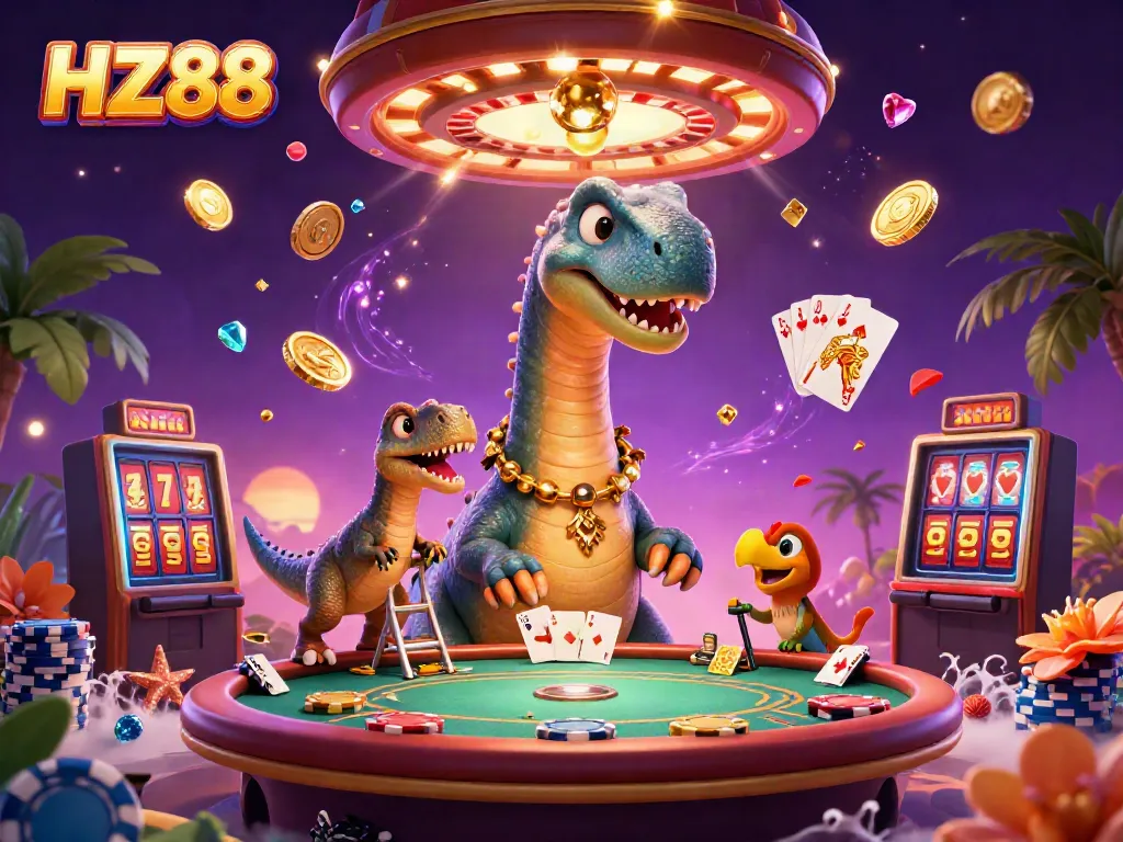 Experience the thrilling HZ88 casino world with dynamic characters and rich elements in this 3D rendering.