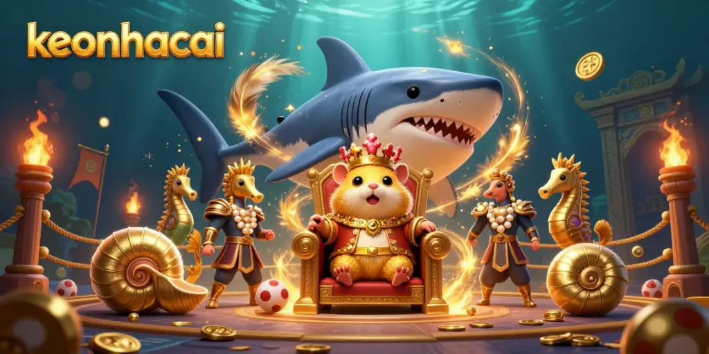 Engage in the thrill of sports betting with keonhacai's colorful underwater scene featuring a golden hamster king.