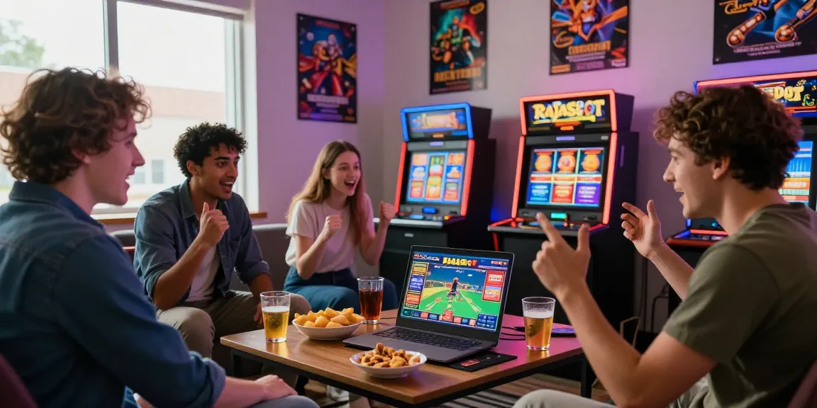 Rajaslot 20, suasana gaming online dengan teman-teman menyaksikan permainan slot yang seru.