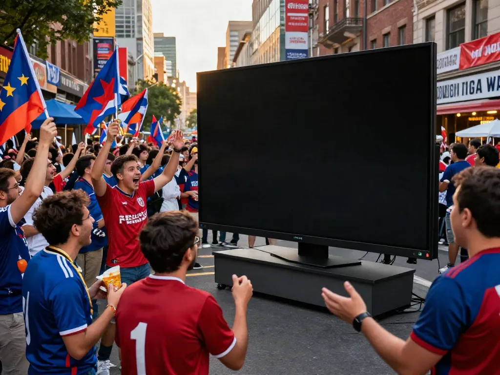 Cakhiatv fan gathering at a soccer match live view in urban setting.