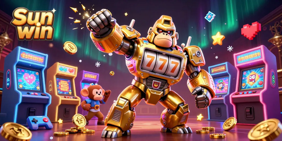 Play and win big with the Sun win slot machine theme featuring a gorilla mech and vibrant arcade machines.