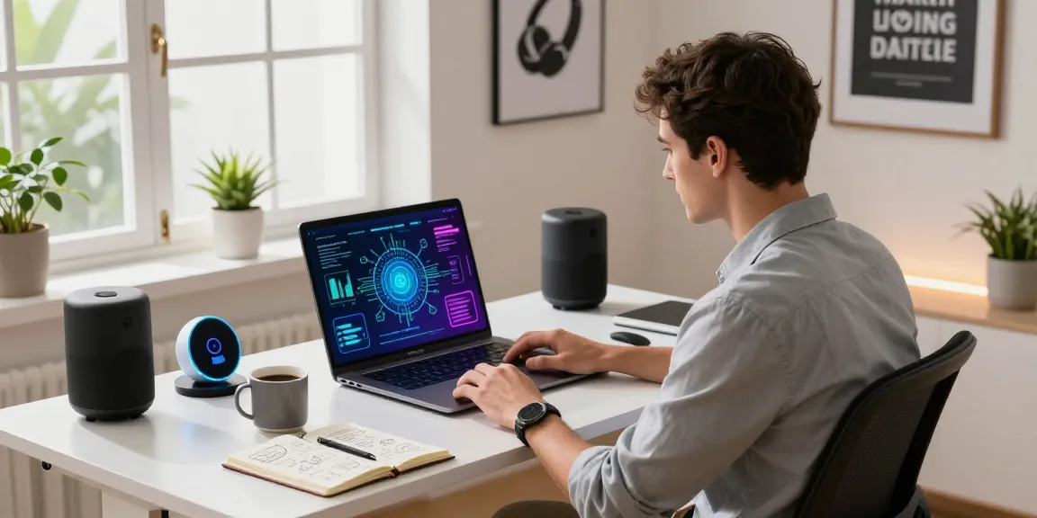 Professional workspace featuring an AI laptop, motivational decor, and modern tech gadgets in a bright home office environment.