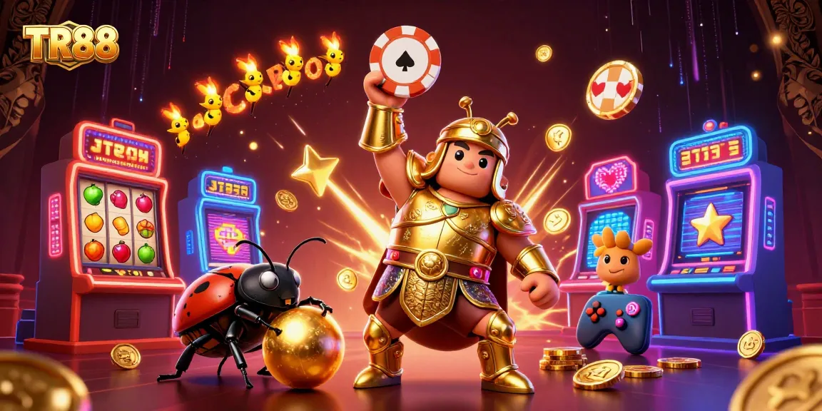 Experience the excitement of TR88 with a cartoon beetle in gladiator armor celebrating a jackpot win.