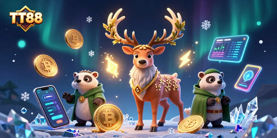 TT88 showcases a vibrant 3D gaming scene with mystical characters and cryptocurrency elements.