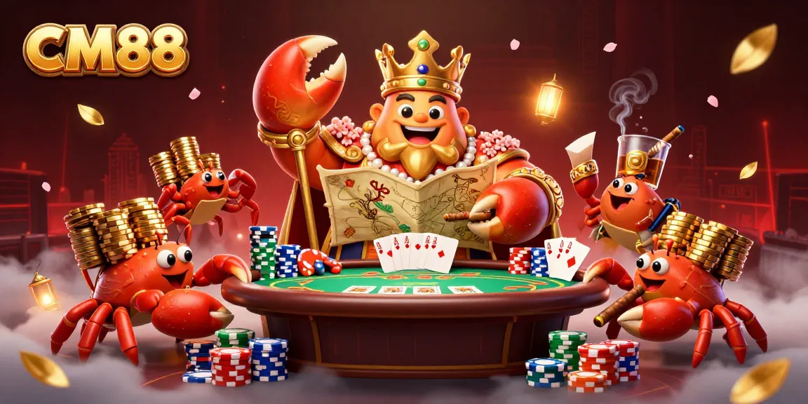 Experience CM88's vibrant casino world with a golden crab emperor and poker elements.