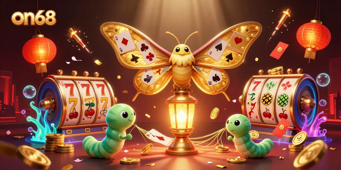 Experience on68 with vibrant slot reels and playful characters in a breathtaking casino scene.