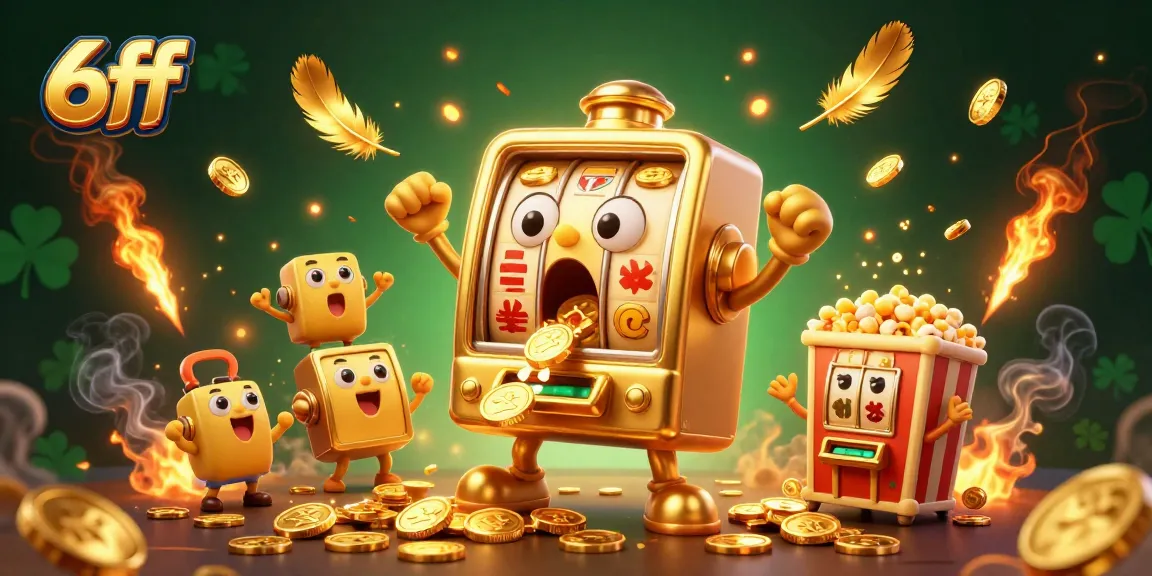 Engage with 6ff's lively scene of golden slot machines celebrating jackpots amidst swirling coins and vibrant casino elements.