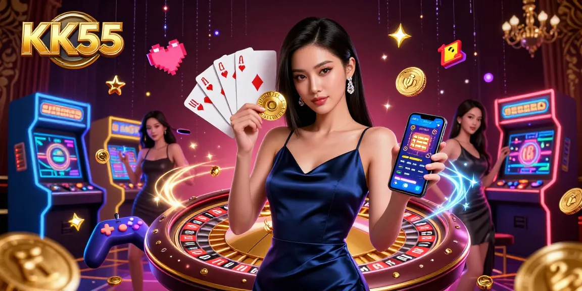 Spin the wheel and win big with KK55's stunning casino gaming experience featuring vibrant character illustration.