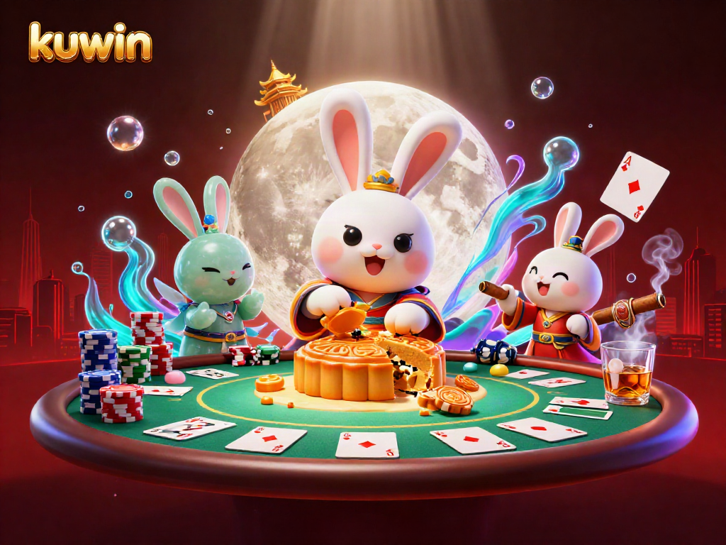 kuwin features a moon rabbit creating poker chip-filled mooncakes, accented by vibrant casino elements