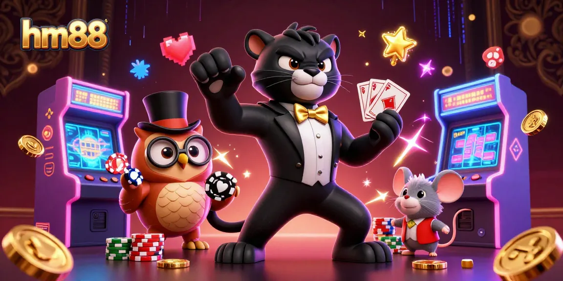 Play poker and win big with hm88, featuring a stylish black panther dealer amidst vibrant casino elements.