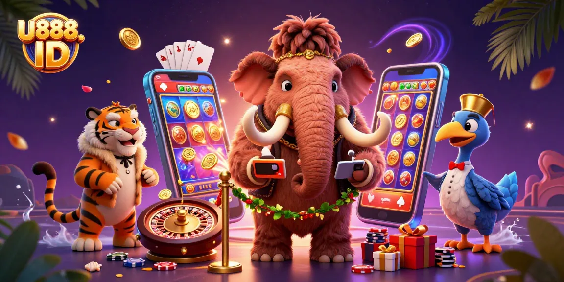 Engage in gaming excitement at U888. ID with a vibrant casino scene featuring unique characters and dynamic elements.
