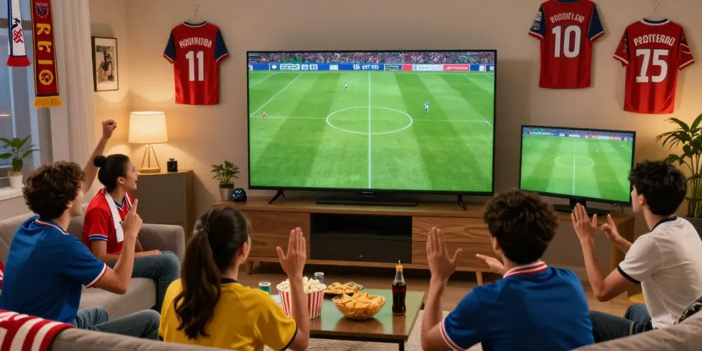 Excited fans watching a football match on XOILACTV in a cozy living room