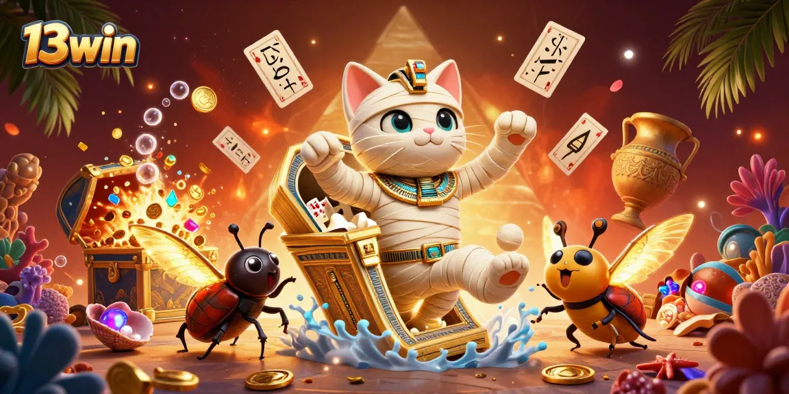 Join the excitement of 13win with a thrilling 3D illustration featuring a mummy cat and scarab beetle.