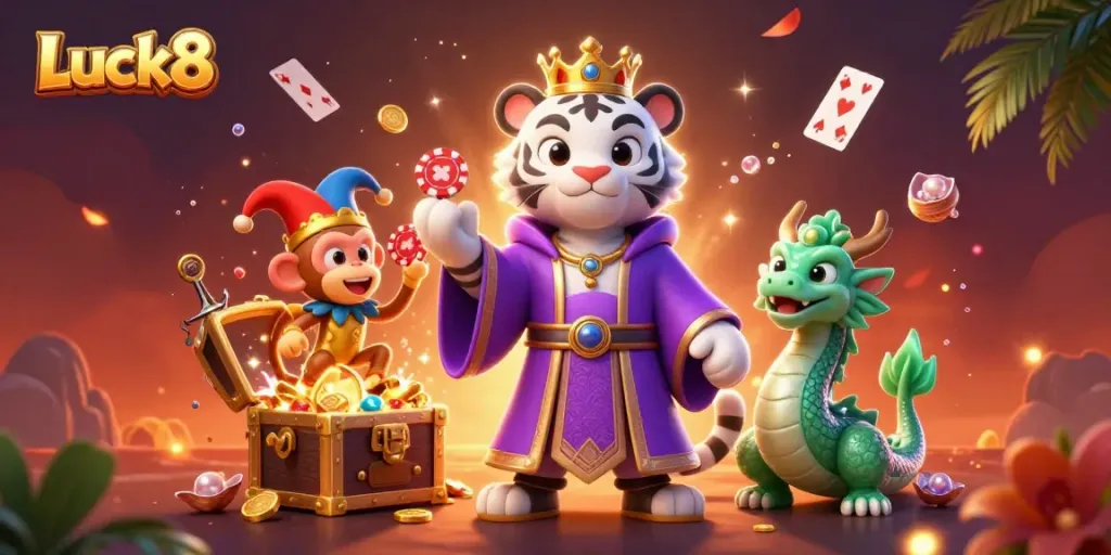 Experience excitement at Luck8 with 3D characters celebrating winnings surrounded by vibrant casino elements.