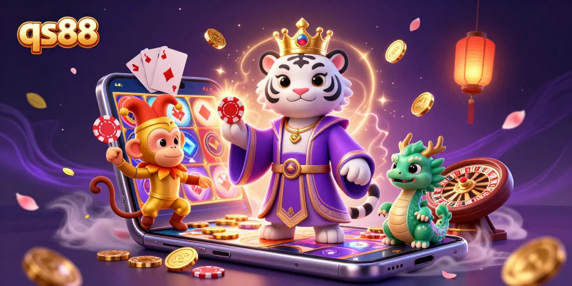 Experience the thrill at qs88 with a 3D cartoon scene featuring a royal tiger and playful monkey.