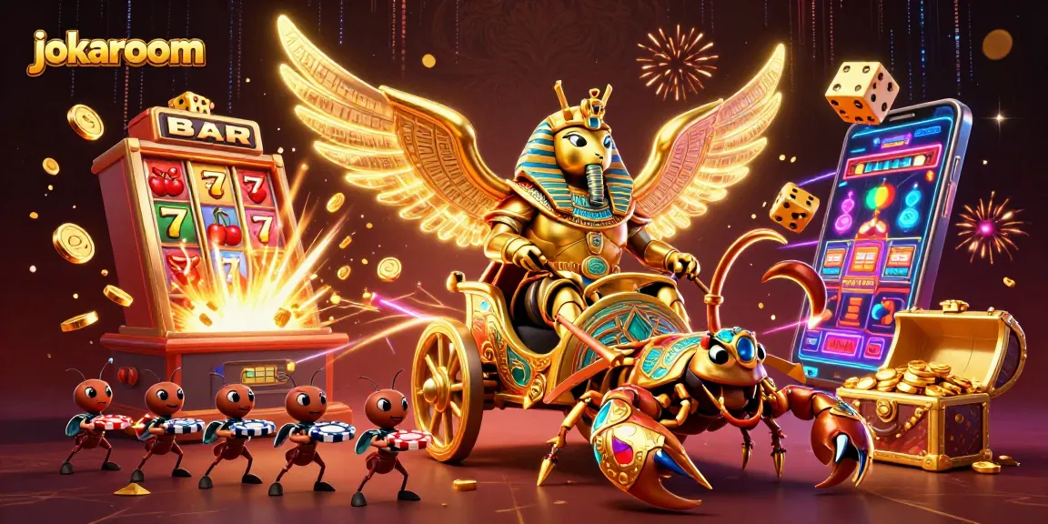 Experience online thrills with jokaroom's vibrant casino adventure featuring a golden beetle and slot machines.