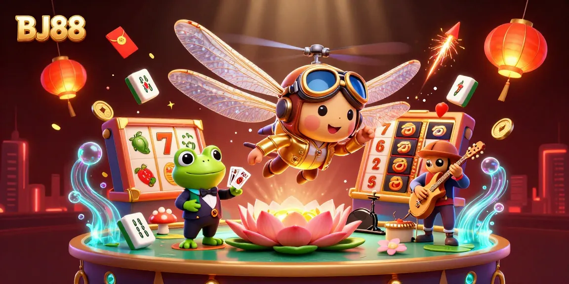 Engage in thrilling gameplay at BJ88 with lively illustrations of a dragonfly pilot and frog croupier.