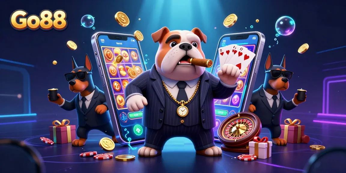 Engage with Go88 gaming adventure featuring thrilling 3D illustration of a mafia bulldog boss and his bodyguards amidst dynamic casino elements.