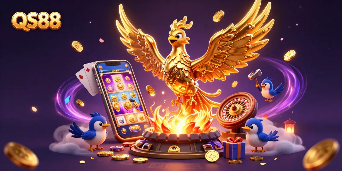 Experience thrilling gameplay at QS88 with a colorful slot game, golden coins, and exciting casino elements.