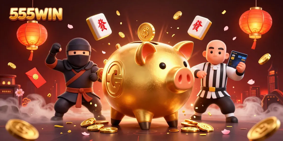 Engage in thrilling gameplay with 555WIN as golden coins rain down around a sumo wrestler character.