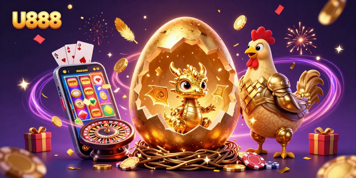 Join the excitement of U888 as a golden dragon emerges from a cracking egg amid a colorful casino scene.