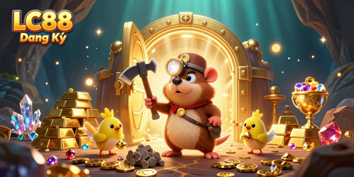 LC88 Đăng Ký with a cartoon treasure hunter mining gems in a casino-inspired cave